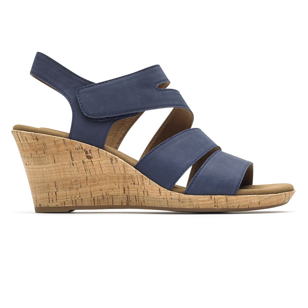 Rockport Women's Briah Strappy Comfort Wedges Sandals - Navy - USA (1946XGUFW)